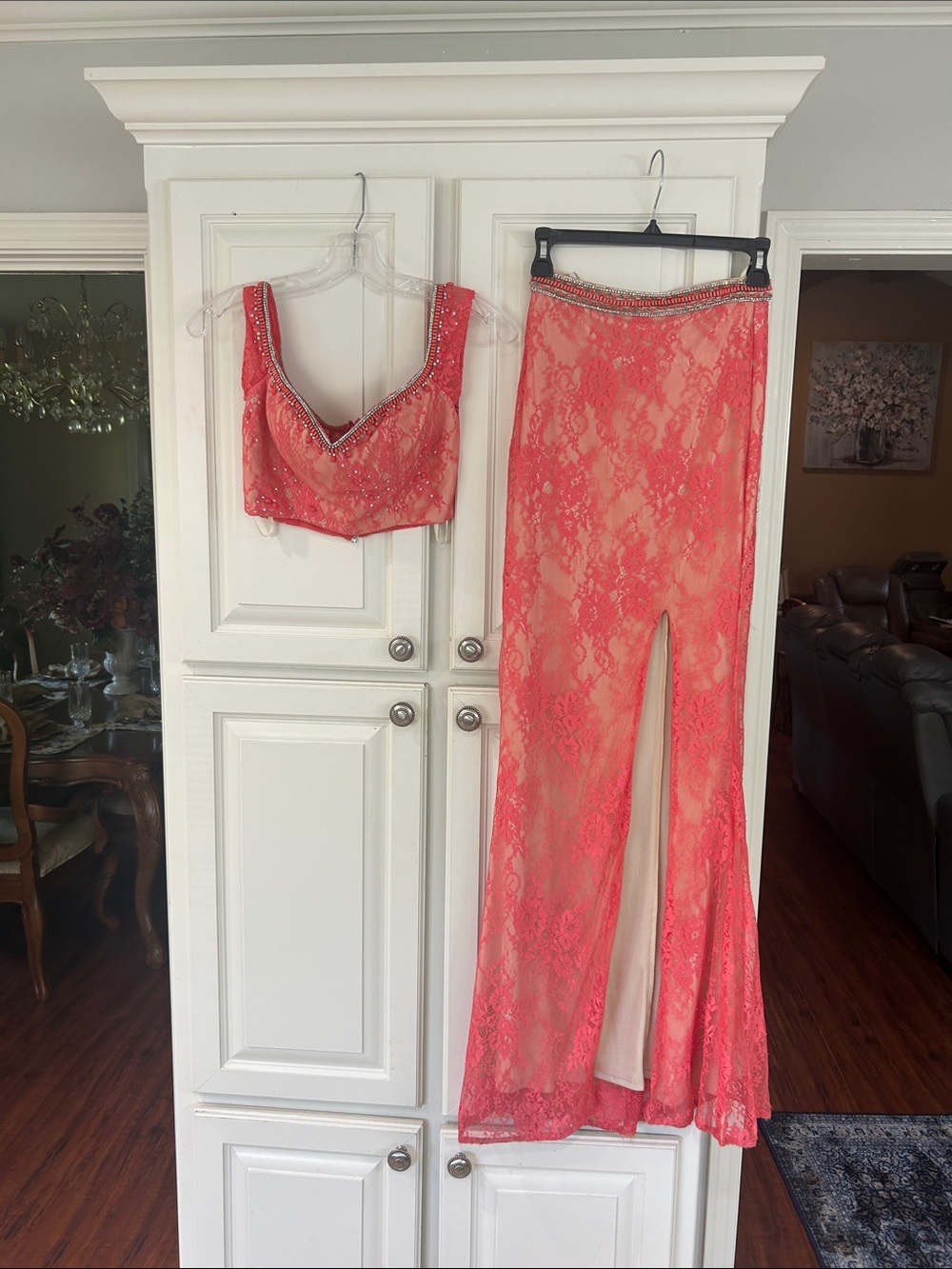 Dancing Queen Coral Lace Crop Top & Embellished Waistband